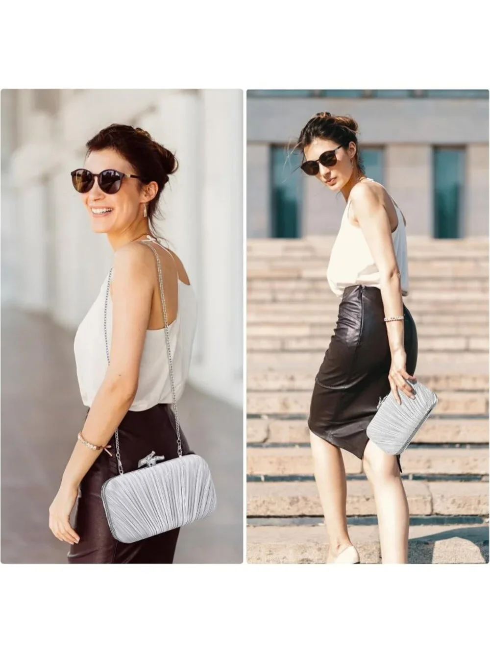 Women's Silver Pleated Clutch Purse For Formal With Chain Evening Bag